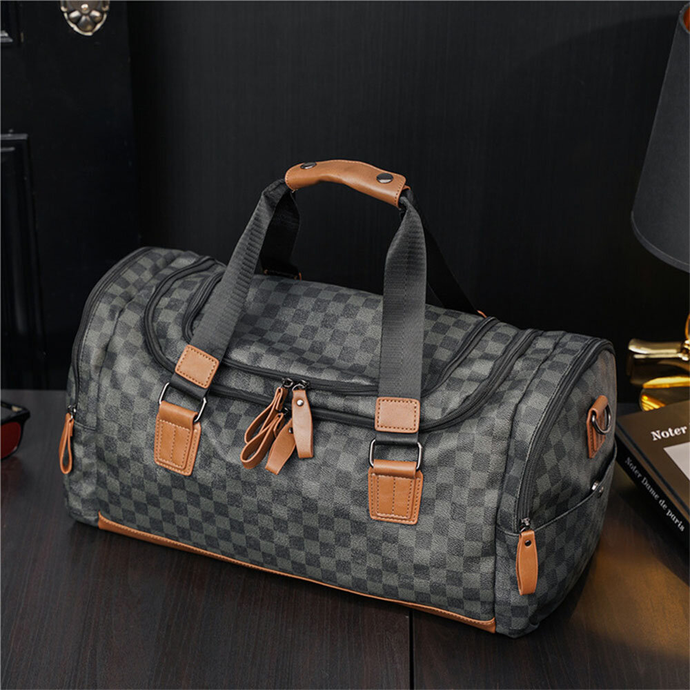Men PU Leather Plaid Pattern Multifunction Handbag Fashion Multi-pocket Travel Bag Fitness Bag Cross