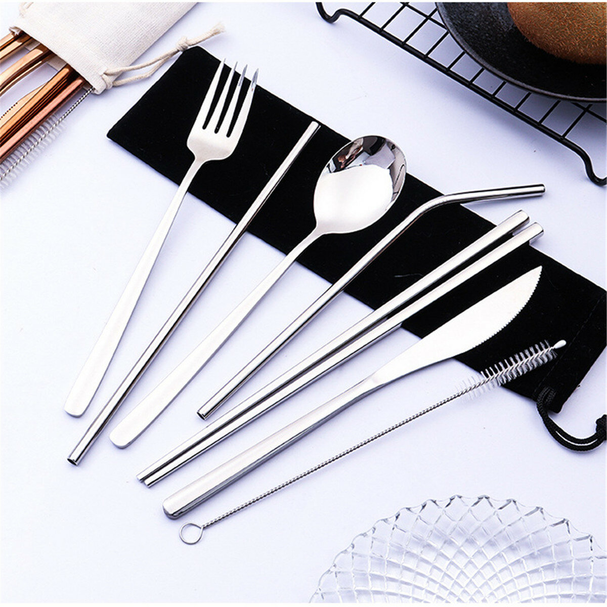 

9Pcs Fork Spoon Knife Set Cutlery Stainless Steel Chopsticks Tableware Mental Travel Cloth Bag