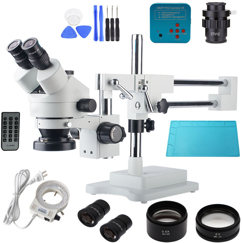 

3.5X-90X Двойная стрела Стенд Zoom Simul Focal Trinocular Stereo Microscope + 48MP 2K HDMI USB Industrial камера Для рем