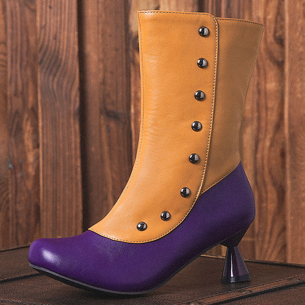 Grote maat Dames Casual Side-zip Colorblock Comfy Cone Heel Mid Calf Boots