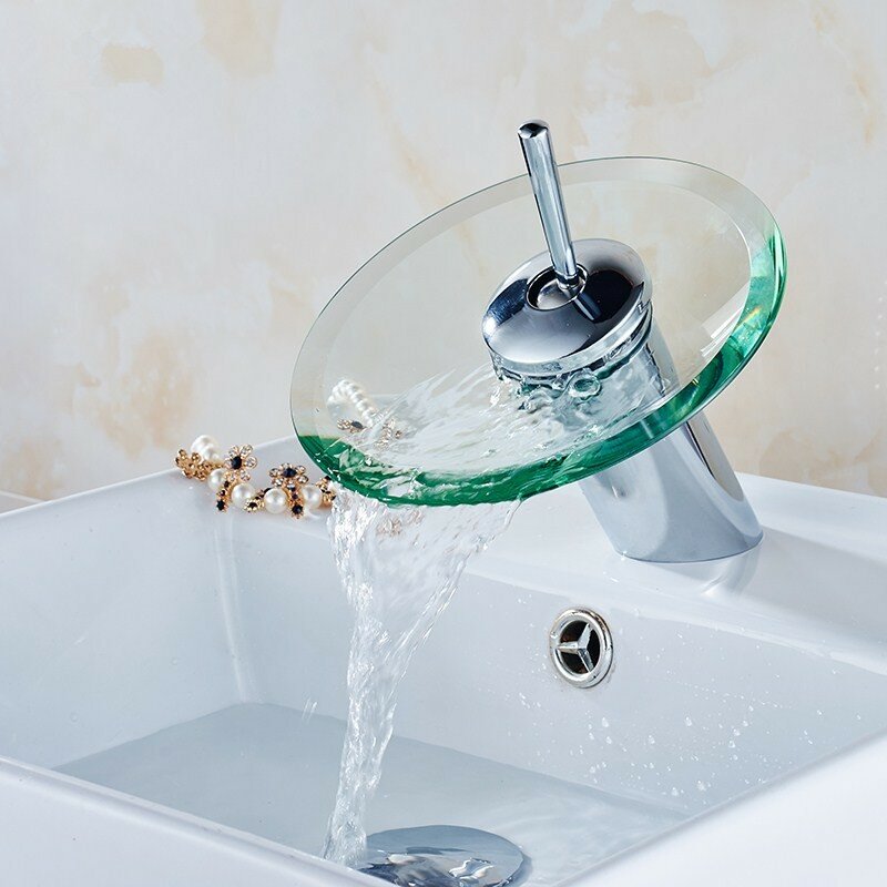 Modern Style Kitchen Bathroom Vessel Copper Glass Round Waterfall Tub Sink Faucet Tap