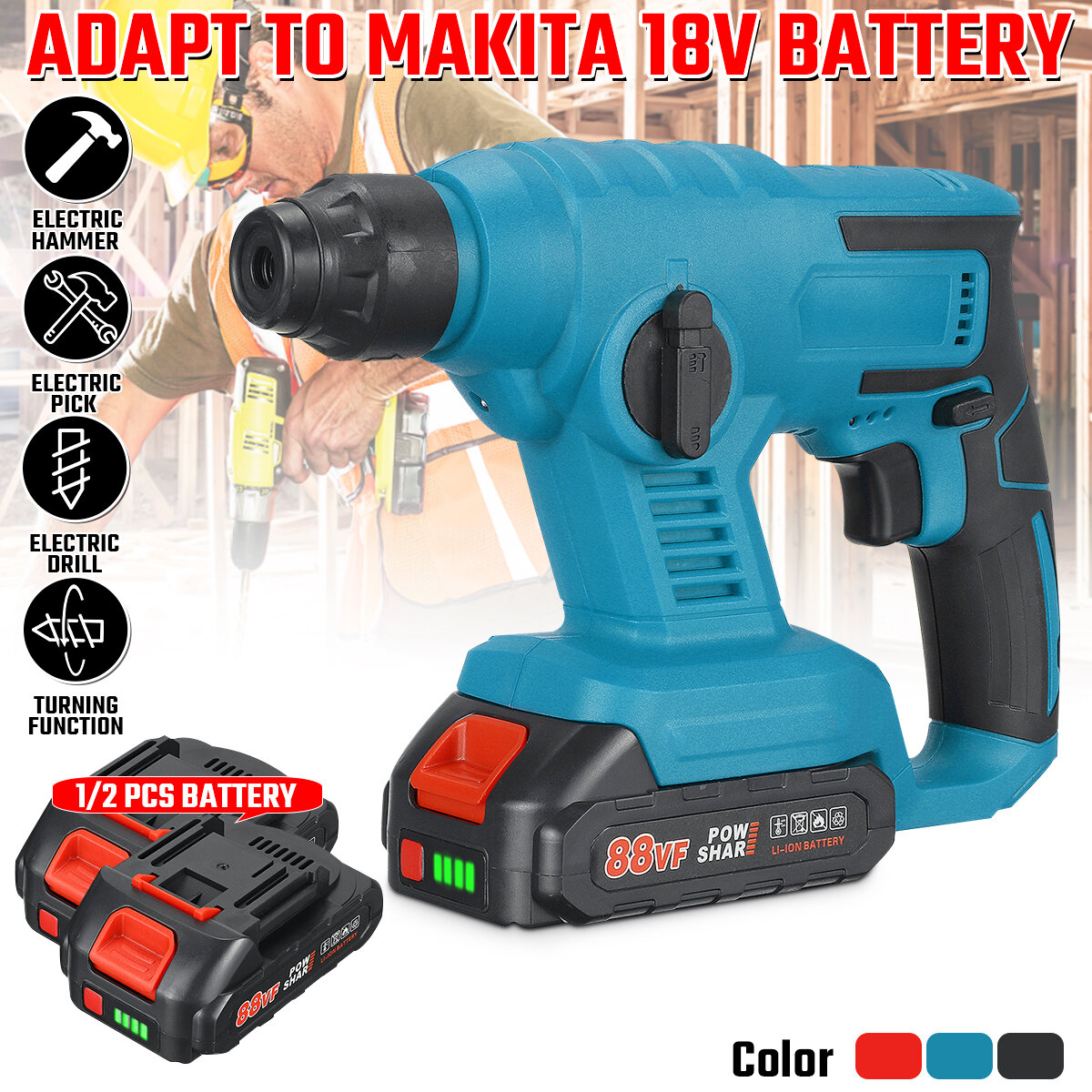 88VF 1800rpm Cordless Brushless Rotary Hammer Drill Fit 18VMakita Battery