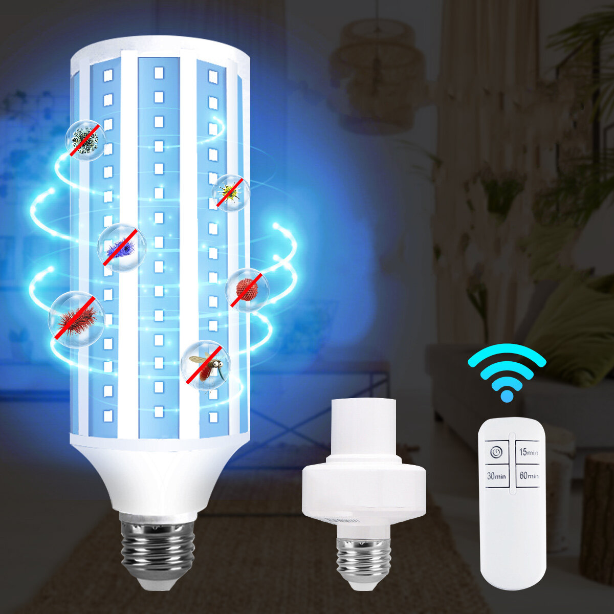 

60W UV Germicidal Sterilizer Corn Lamp 85-265V E27 LED UVC Light Bulb With 110V / 220V Remote Control