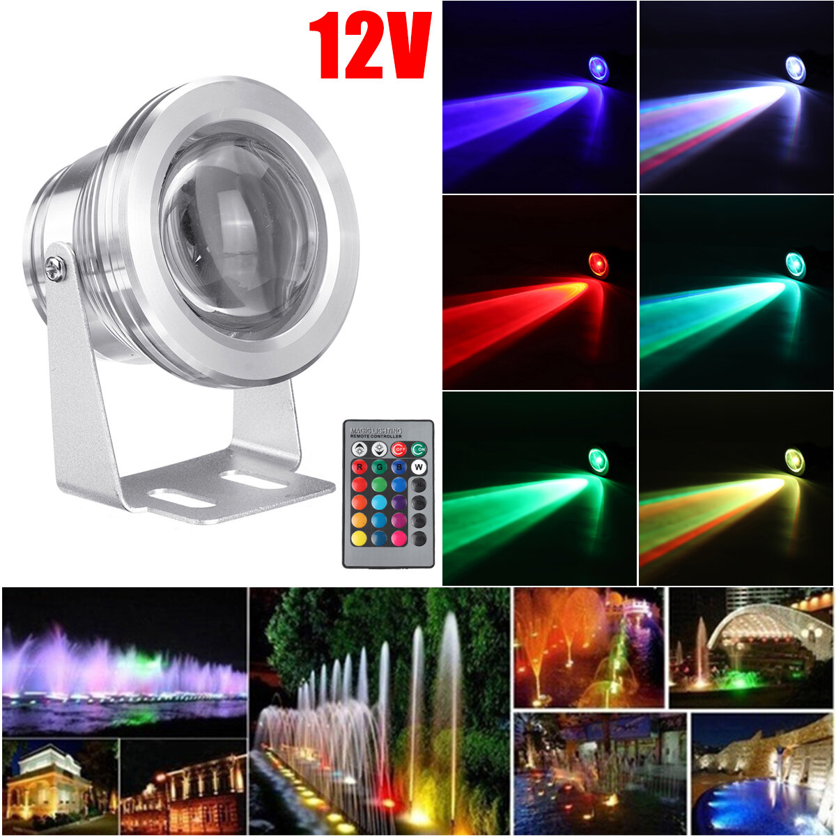 DC12V 10W RGB LED Underwater Light Waterproof Fountain Pool Spotlight With Remote Control