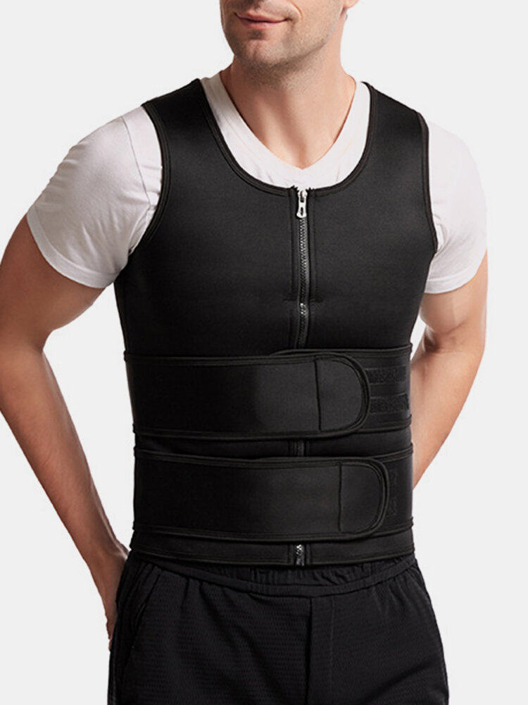 Mens Tummy Control Waist Trainer Zip Front Vest Shapewear With Double Sticky Belts