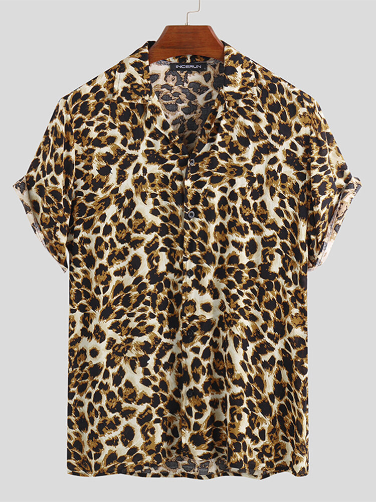 Mens Summer Loose Fashion Handsome Leopard Printing Shirts