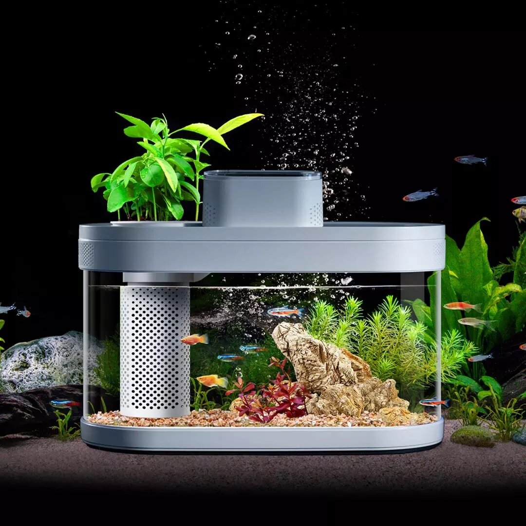 Descriptive Geometry Fish Tank From Smart Feeder 7 Colors LED Light Self-Cleaning High Efficiency Filtration Mini Aquari