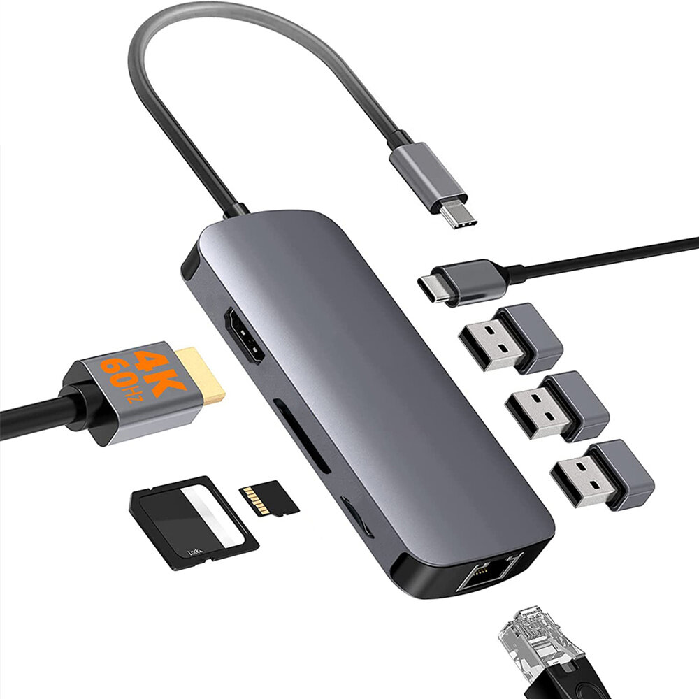 

Pobod 8 in 1 Type-C Docking Station with USB3.0*3 PD100W USB-C 4K@60Hz HDMI RJ45 SD/TF Card Reader Slot Multiport Hub Sp