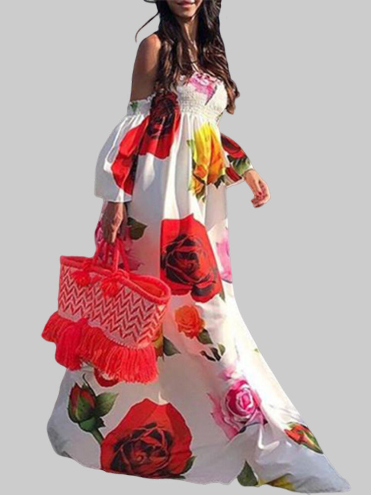 Off Shoulder Floral Print Elastic Summer Beach Long Maxi Dress