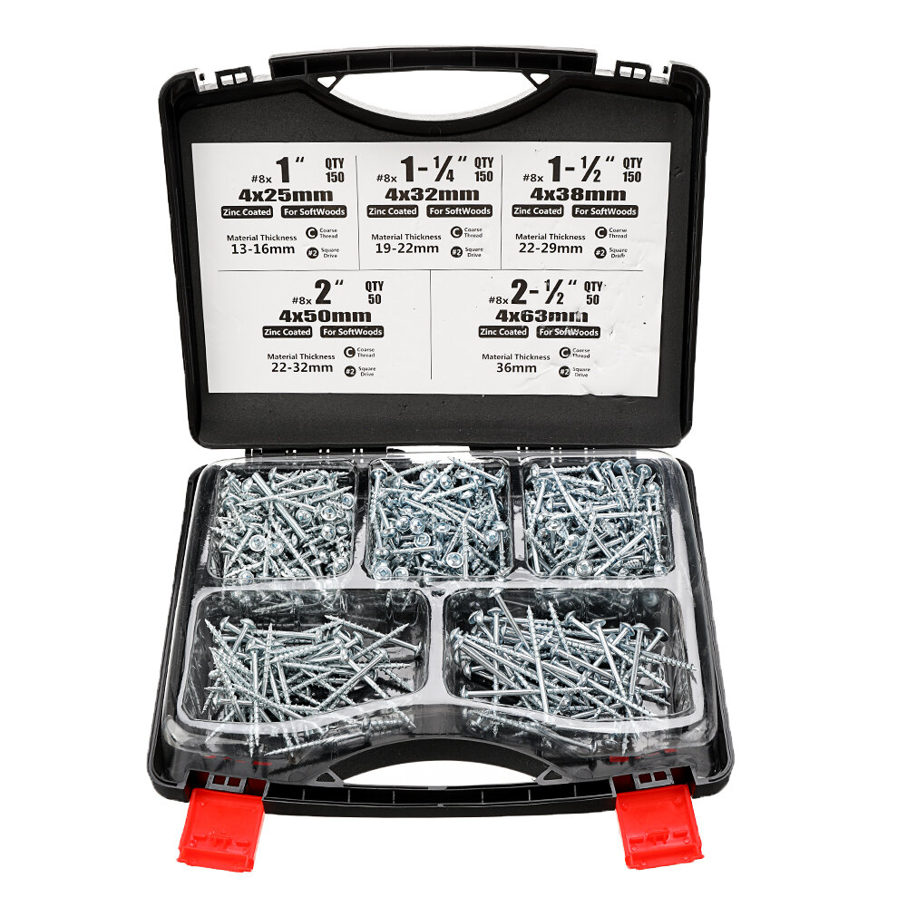 552PCS Self Tapping Pocket Hole Screws Kit SQ2 Square Driver 25/32/38/50/63mm Screws with Screwdriver Bit and Storage Ca