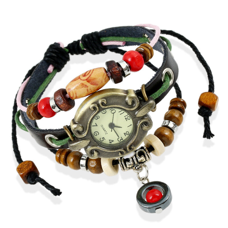 

Vintage Multilayer Adjustable Length Genuine Leather Women Quartz Watch Beaded Bracelet Watch