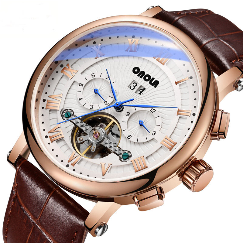 

ONOLA ON6801 модные мужские автоматические часы с маховиком с полой датой Дисплей кожаный ремешок Механический часы