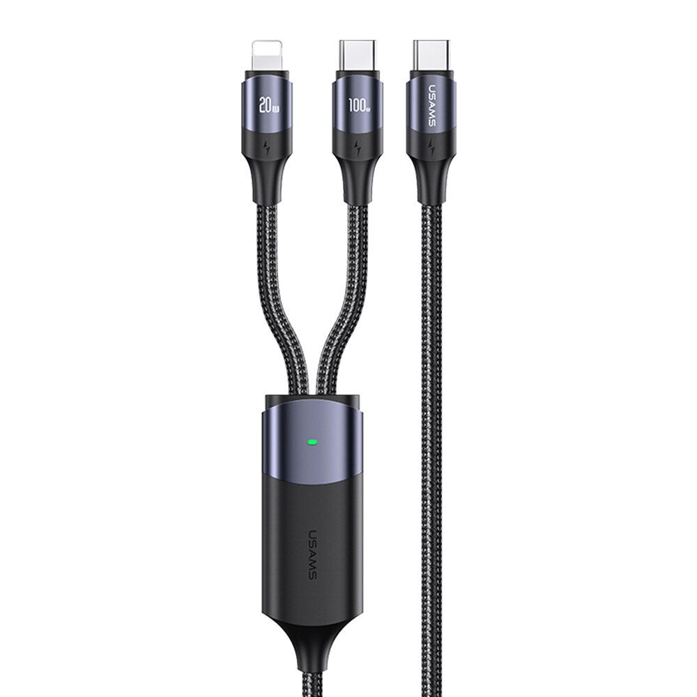 

USAMS U71 2-IN-1 Type-C to Type-C + iP Charging Cable 100W PD 5A Fast Charge 480Mbps Data Cable for Macbook Pro/Air Phon
