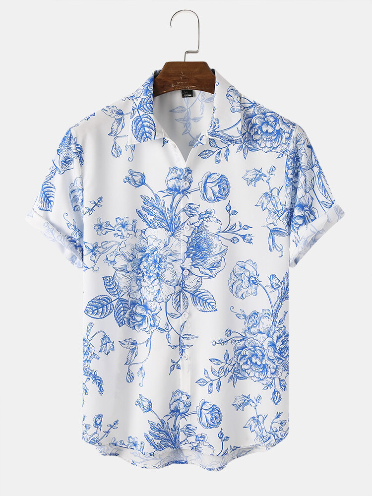 Herenmode bloemenprint Chinese stijl shirts met korte mouwen