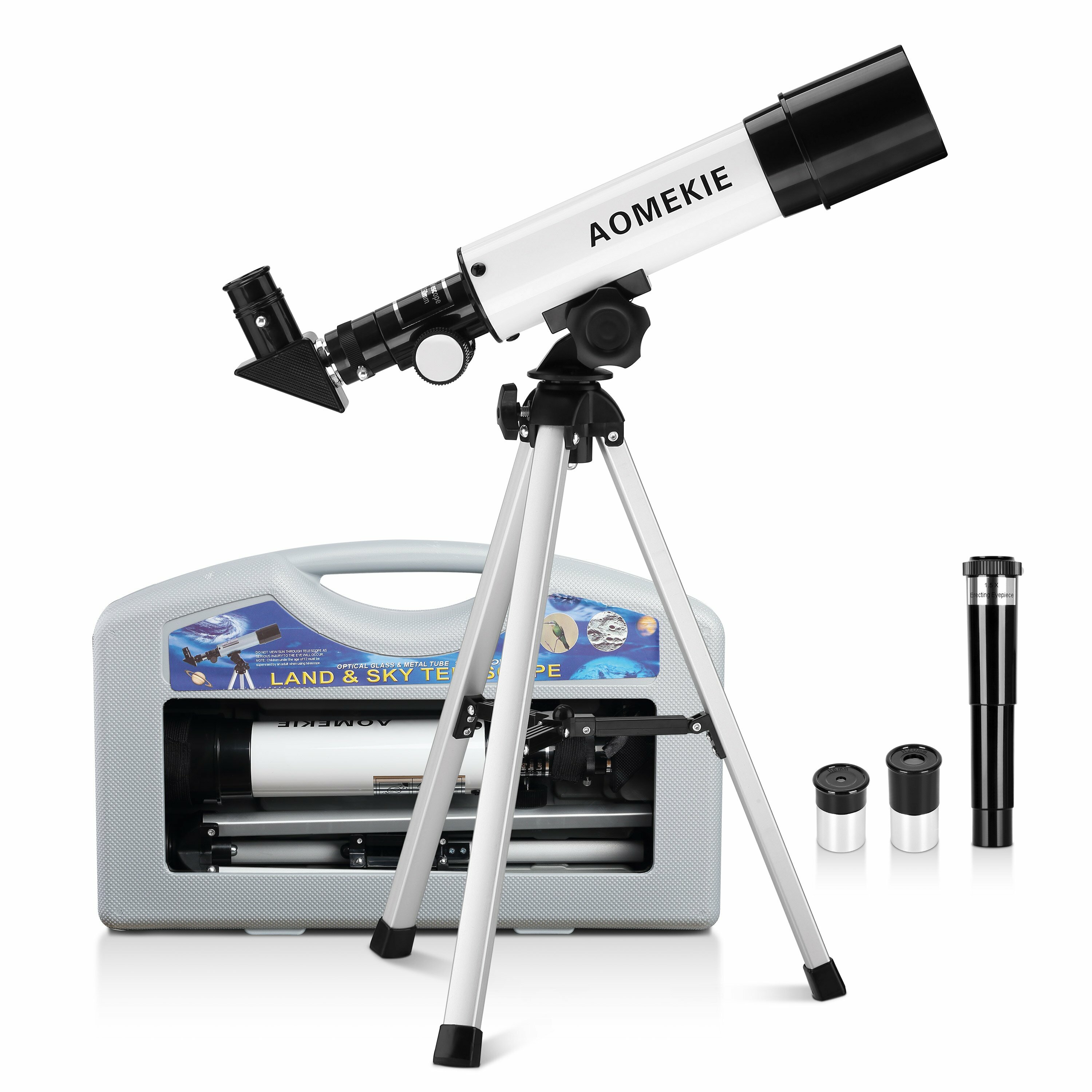 [US Direct] AOMEKIE Astronomical Telescope for Kids 50/360mm Telescope for Astronomy Beginners with Carrying Case Tripod Erecting Eyepiece Refractor Telescope AO2008