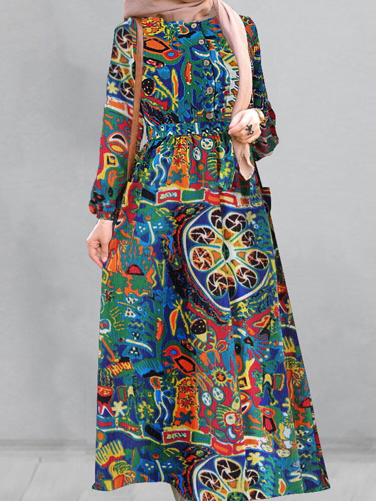 Dames vintage print elastische manchetten gewaad lange mouw maxi jurken met riem