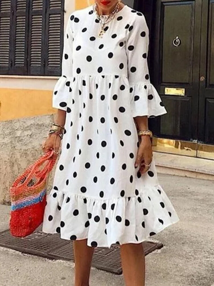 Dames polka dot print geplooide casual jurk