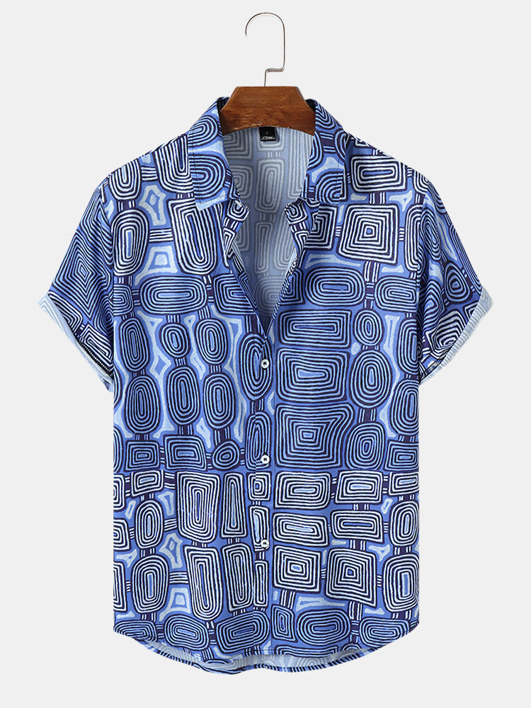 Men Hoop Geometric Print Short Sleeve Casual Shirts