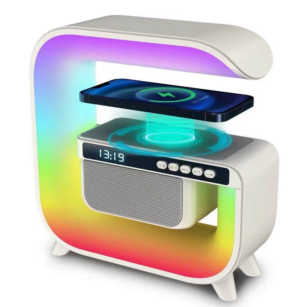 Multifunctional RGB Bedside Lamp With Bluetooth Speaker Alarm Clock 10W Wireless Charging Subwoofer RGB Light