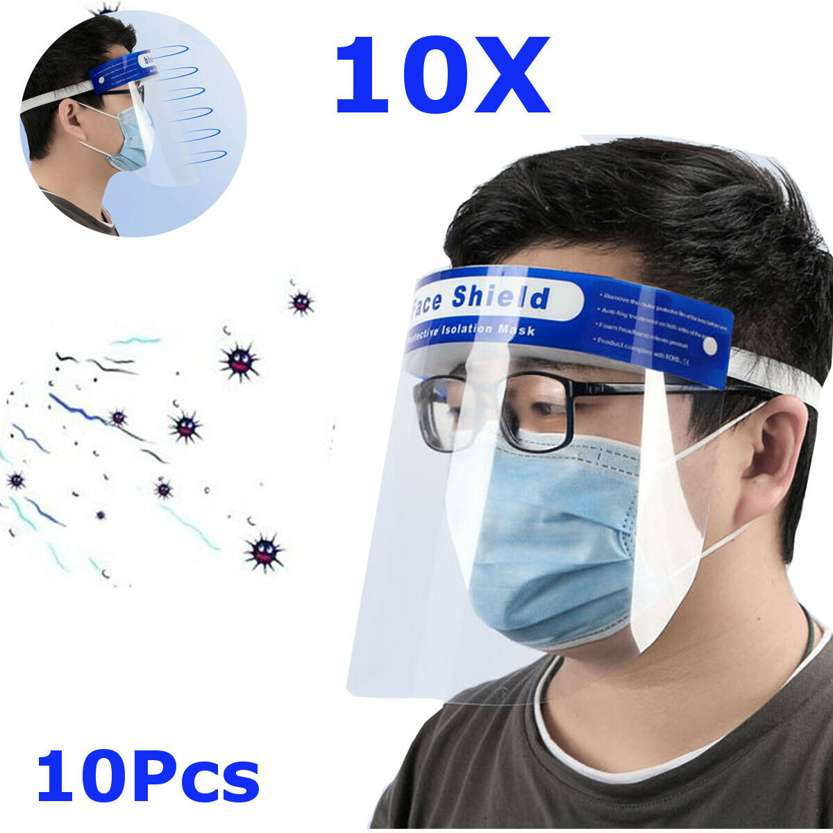 

10Pcs Transparent Adjustable Full Face Shield Plastic Anti-fog Anti-spit Protective Mask