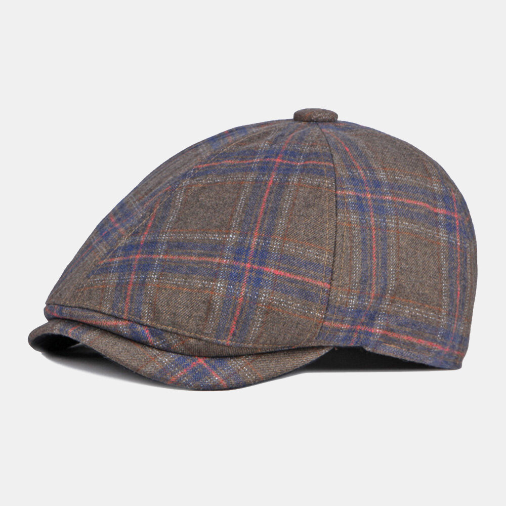 Men Colored Plaid Curved Brim Octagonal Hat British Retro Autumn Warm Adjustable Forward Hat Newsboy