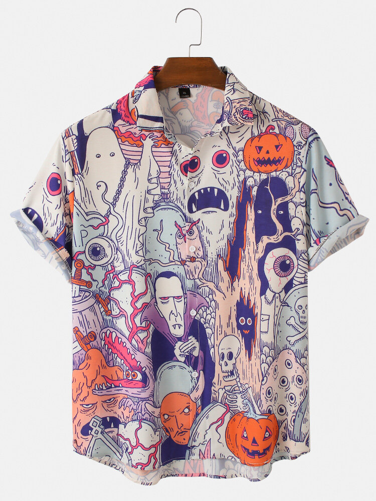 Mens Halloween grappige dierlijke pompoen figuur Print losse Casual Shirts met korte mouwen