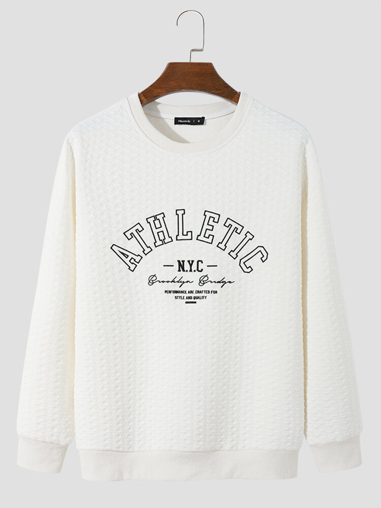 

Mens Letter Embroidery Crew Neck Textured Preppy Pullover Sweatshirts