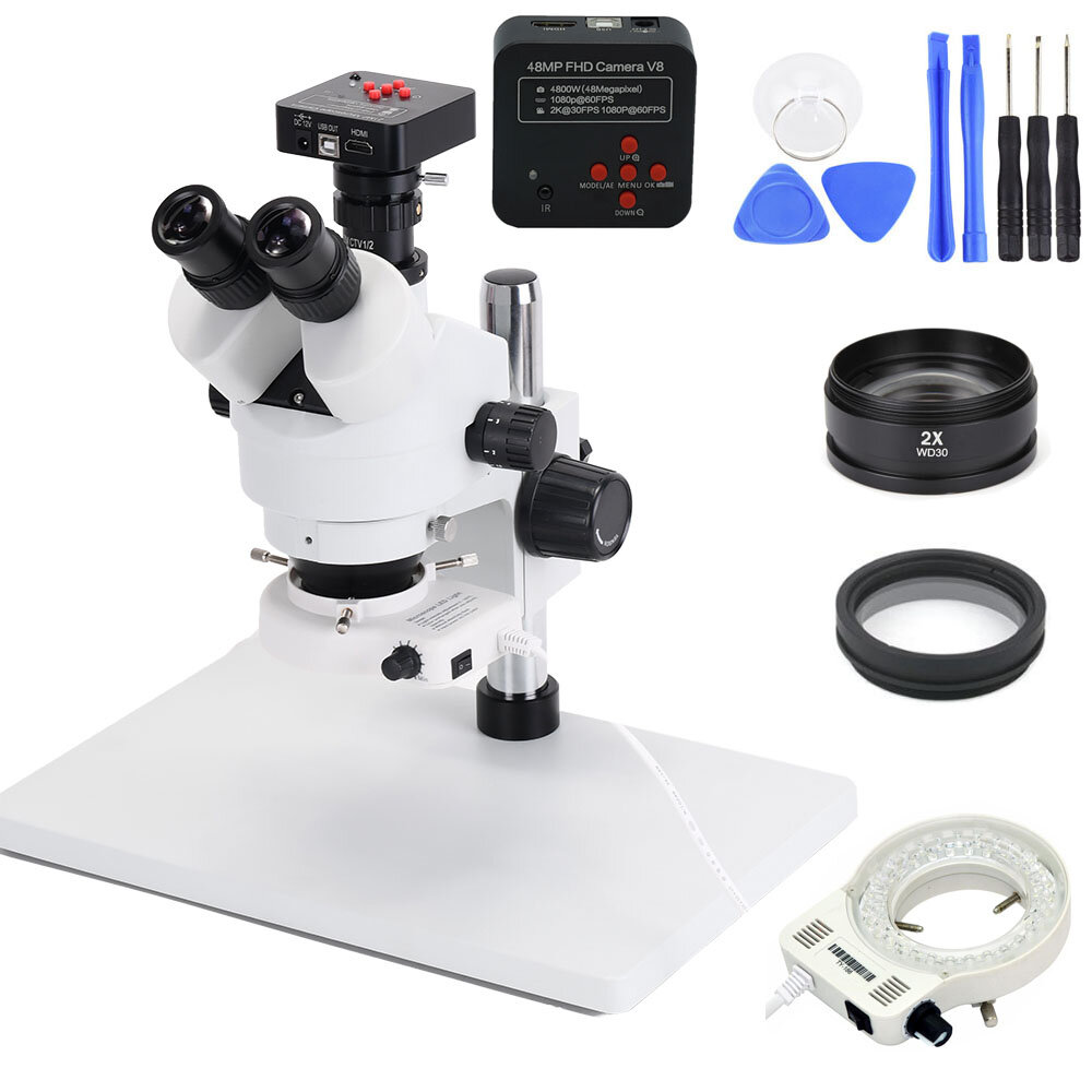 

7X-90X Trinocular Stereo Zoom Big Table Stand Microscope with 48MP Microscope Camera 2X Auxiliary Objective Lens