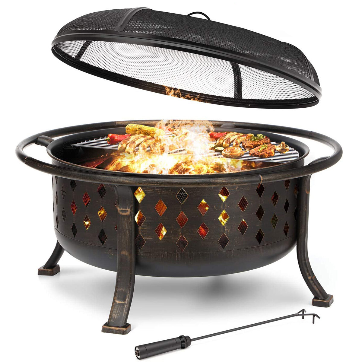 Kingso 36 Inch Fire Pit Bronze Round Steel Wood Burning Firepit with Porker Spark Screen