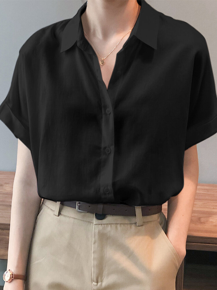 Solid Button Lapel Roll Sleeve Short Sleeve Casual Shirt
