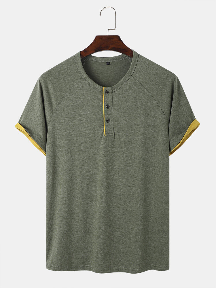 Heren contrasterende rand knopen aan de voorkant O-hals Soft ademend All Matched Leisure T-shirt