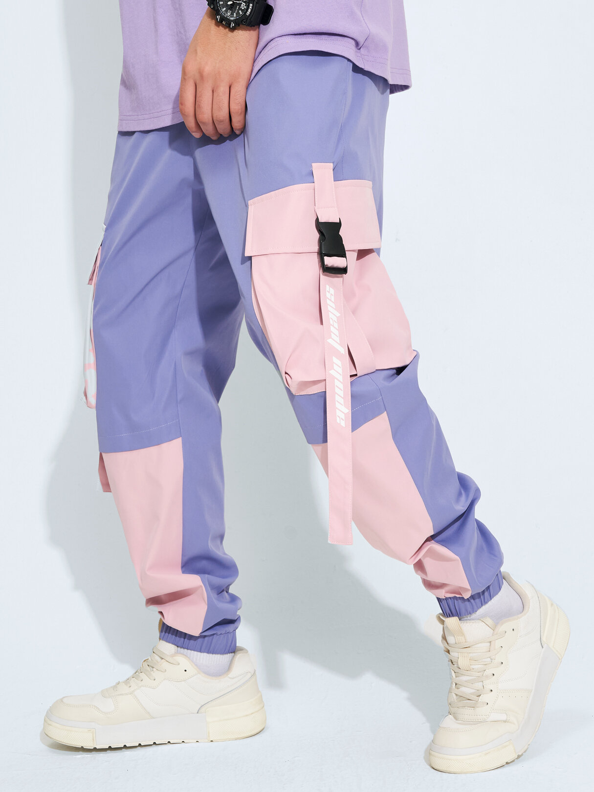 Men Contrast Colorblock Utility Multi Pocket Ribbon Street Cargo Pants