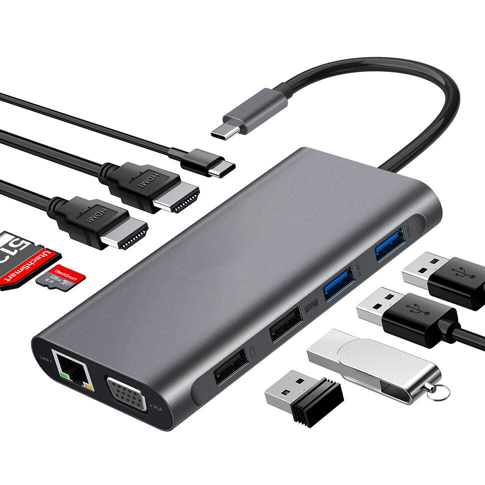 

Bakeey 11 In 1 Triple Display USB-C Hub Docking Station Adapter With 2 * USB 3.0 / 2 * USB 2.0 Port / 65W Type-C PD3.0 P
