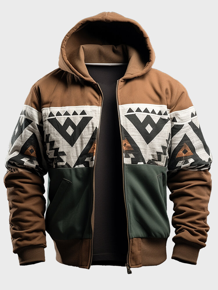 

Mens Ethnic Geometric Print Patchwork Zip Front Hooded Jacket