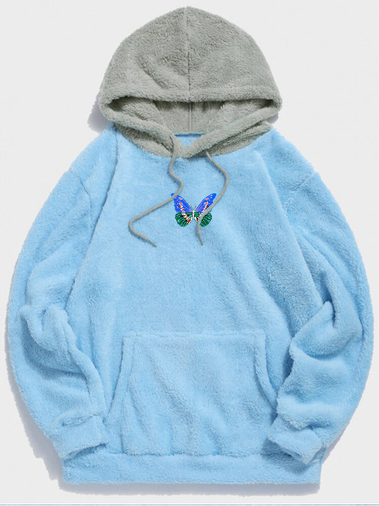

Mens Butterfly Embroidery Fluffy Plush Kangaroo Pocket Casual Drawstring Hoodies