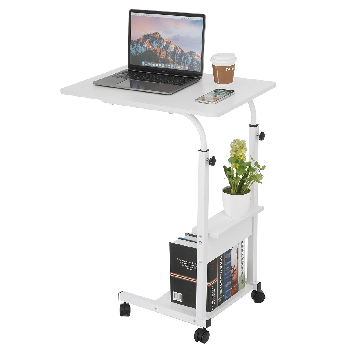 Movable Laptop Desk Adjustable Height Computer Notebook Desk Writing Study Table Bedside Tray with 2 Storage Shelves Hom