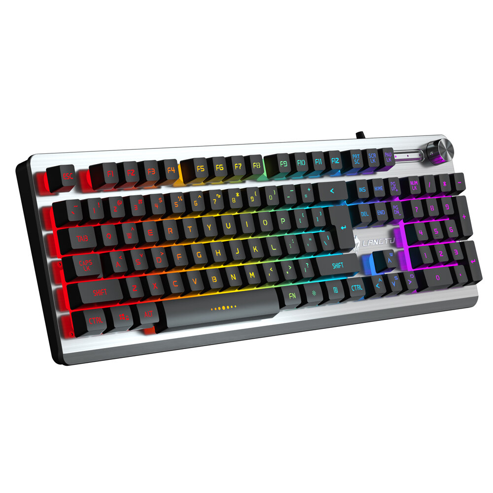 

LANGTU K002 104 Keys Mechanical Feeling Keyboard USB Wired Metal Panel Rainbow Backlit Gaming Keyboard for Home Office