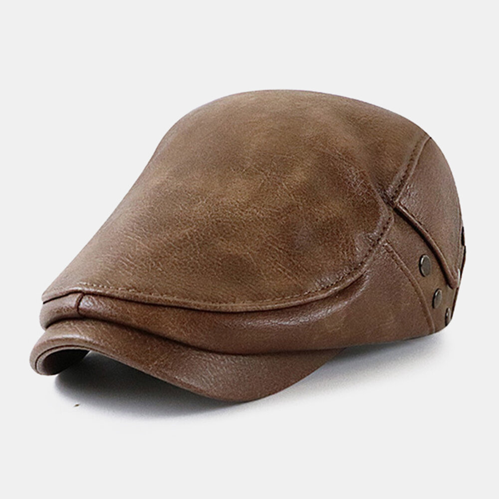 Men Newsboy Hats PU Leather Plain Retro Rivet Deco Outdoor Casual Sunshade Driver Hat