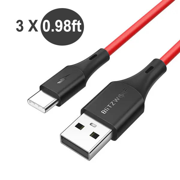 

[3 Pack] BlitzWolf® BW-TC13 3A USB Type-C Charging Data Cable 0.98ft/0.3m For Oneplus 8 Pro Mi10 Note 9S- Red