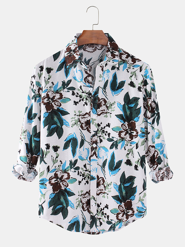 Design Plant Bloemenprint Casual katoenen shirts met lange mouwen voor heren
