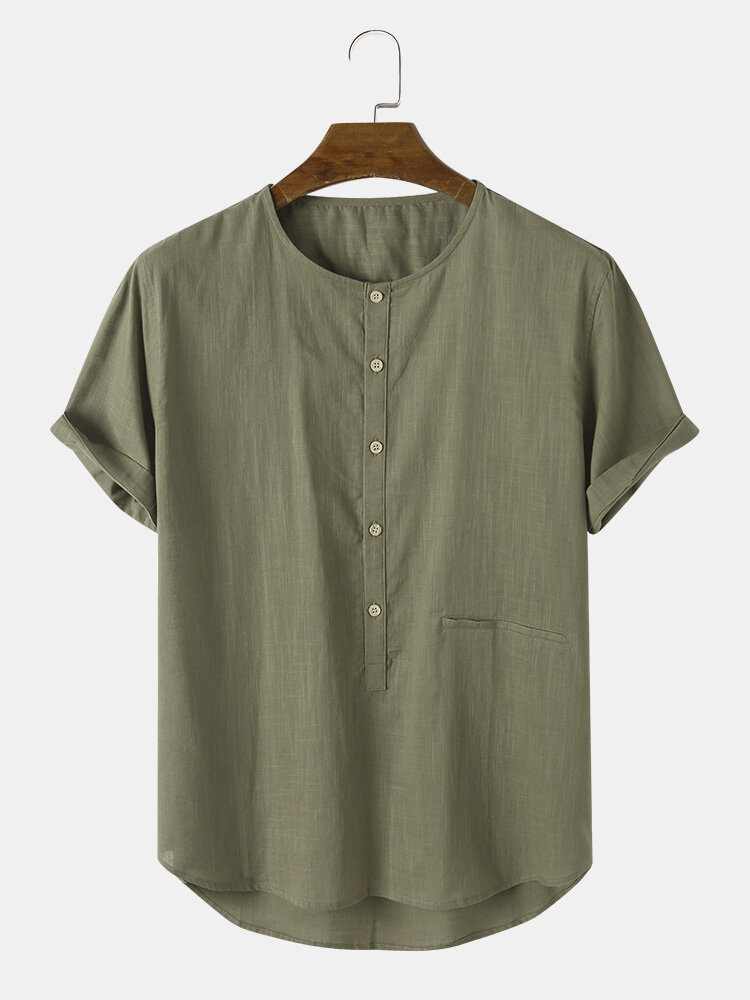 Men Cotton Solid Half Button Simple O Neck Pocket Lightly Shirts