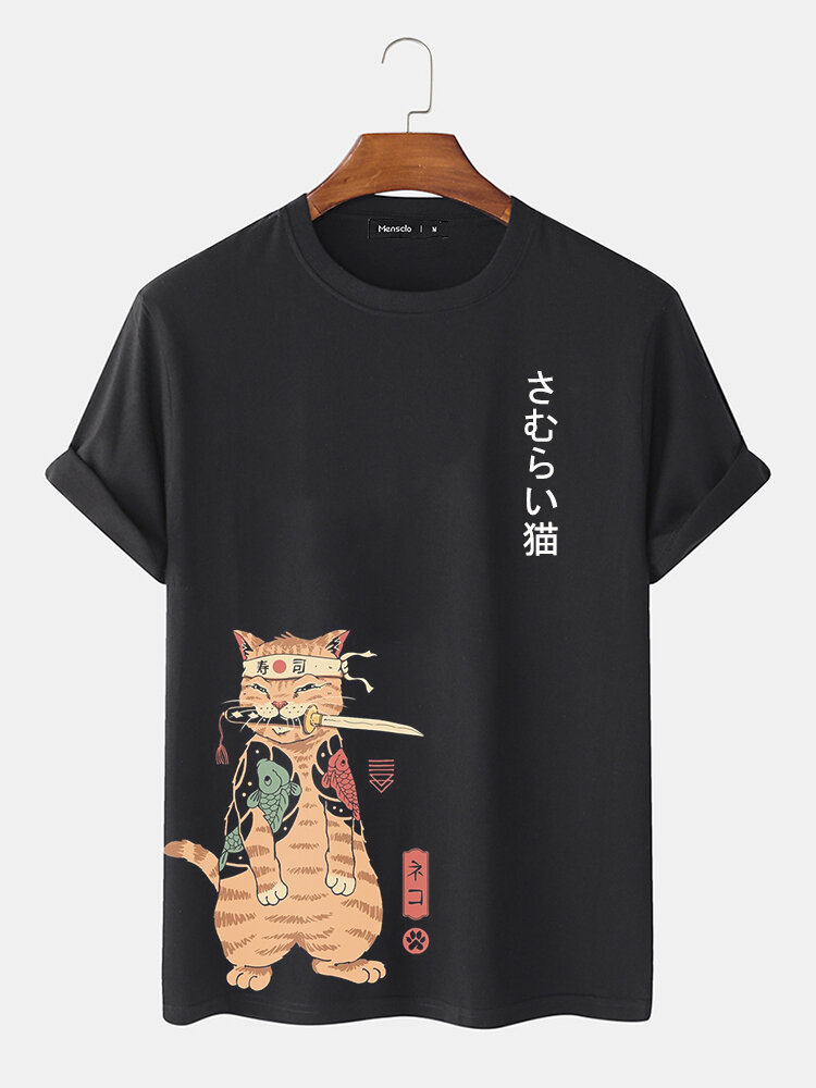 Heren Carp Warrior Cat Print Japanse stijl T-shirts met korte mouwen