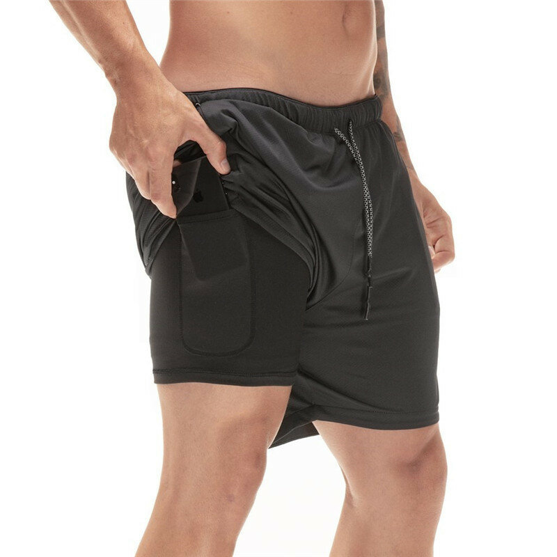 Shorts de corrida 2 em 1 masculino de secagem rápida de dois andares para jogging Academia Short Calças com bolso para telefone
