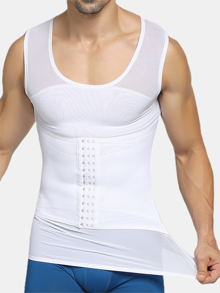 

Men Thin Net Shapewear Tank Tops Tummy Control Nylon Breathable Hasp Waist Trainer Underwear