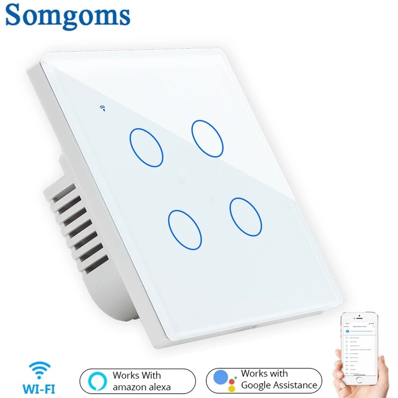 Somgoms SM-41W-EU Tuya WiFi Wireless 4Gang 2 Way Smart Wall Touch Switch AC 100V/220V Wireless Wall 