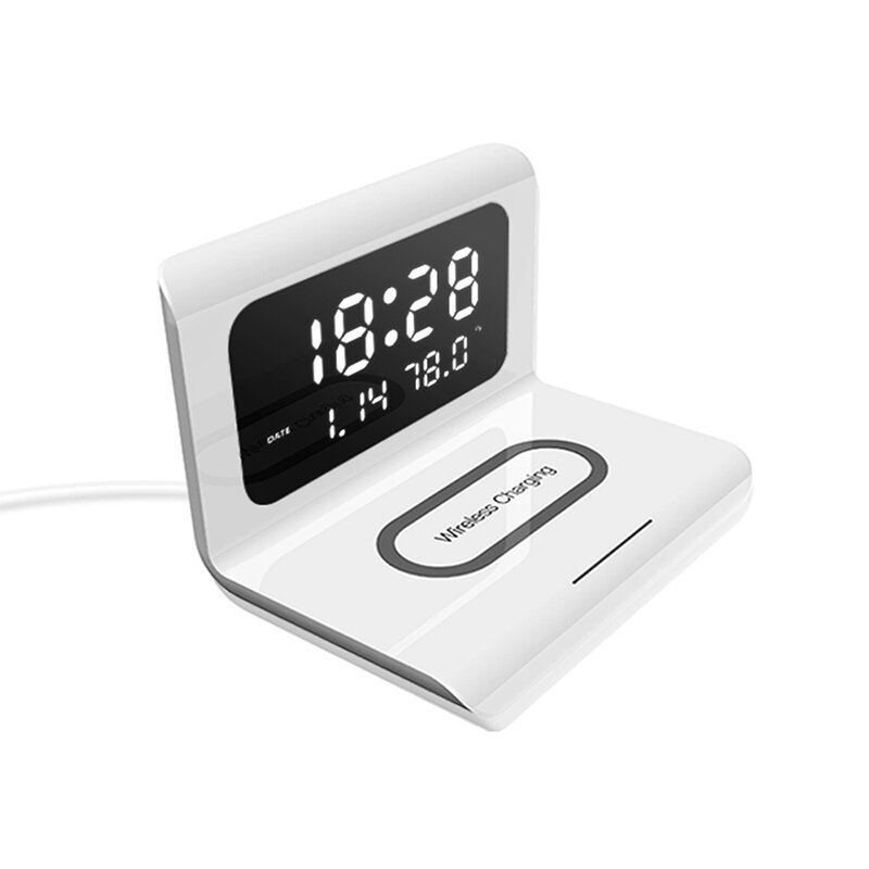 

Electric LED 12/24H Alarm Clock With Phone QI 10W Wireless Charger Table Digital Thermometer LED Display Desktop Clock P