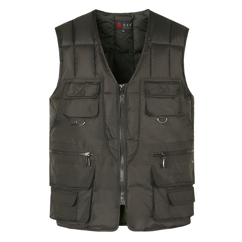 Mens Casual Loose Fit V Neck Multi Pockets Solid Color Autumn Winter Vest