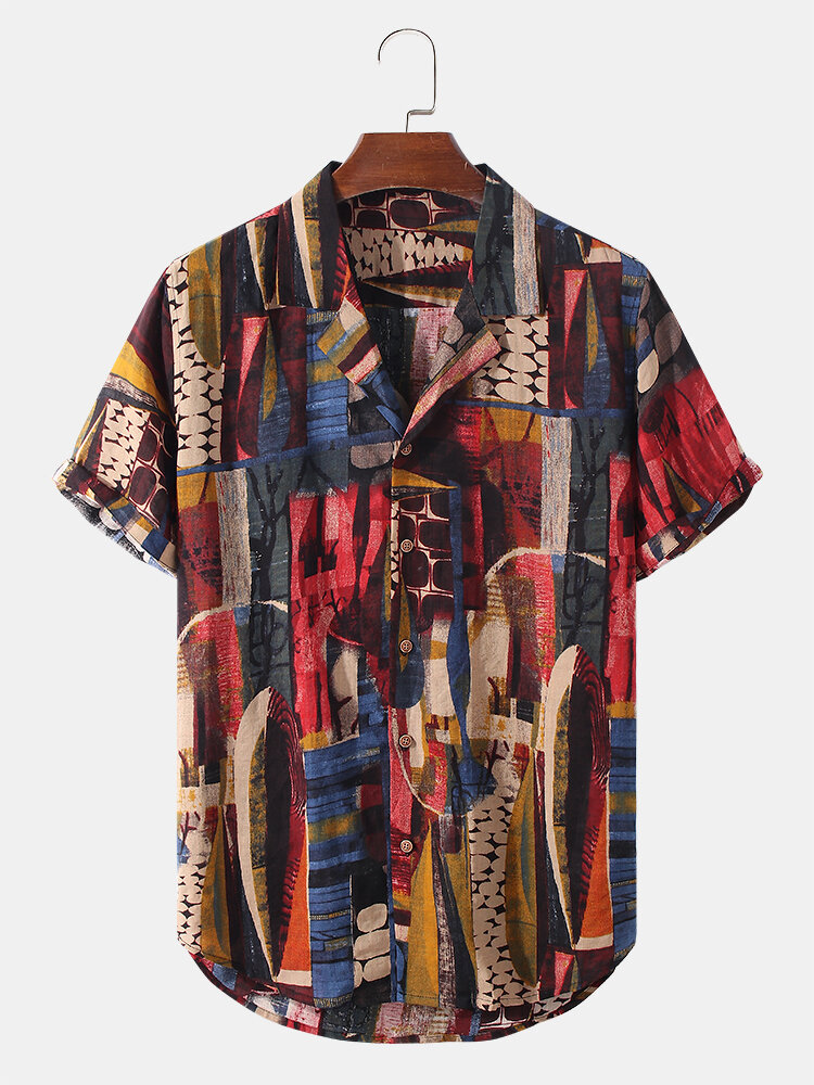 

Mens Tribal Geometry Print Revere Collar Cotton Short Sleeve Shirt