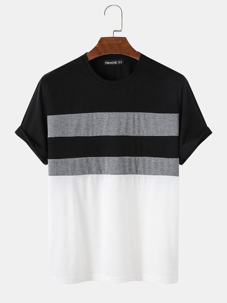 

Mens Tricolor Patchwork Short Sleeve Round Neck Simple T-Shirts