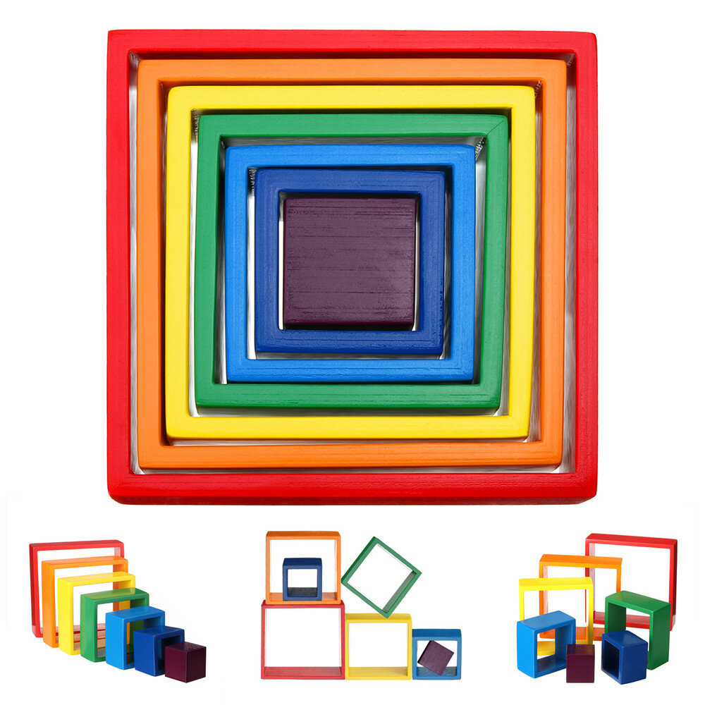 Quadrado 7 peças 6,1 x 6,1 x 1,73 polegadas Jogos de pilha aninhados de brinquedos de empilhamento arco-íris de madeira